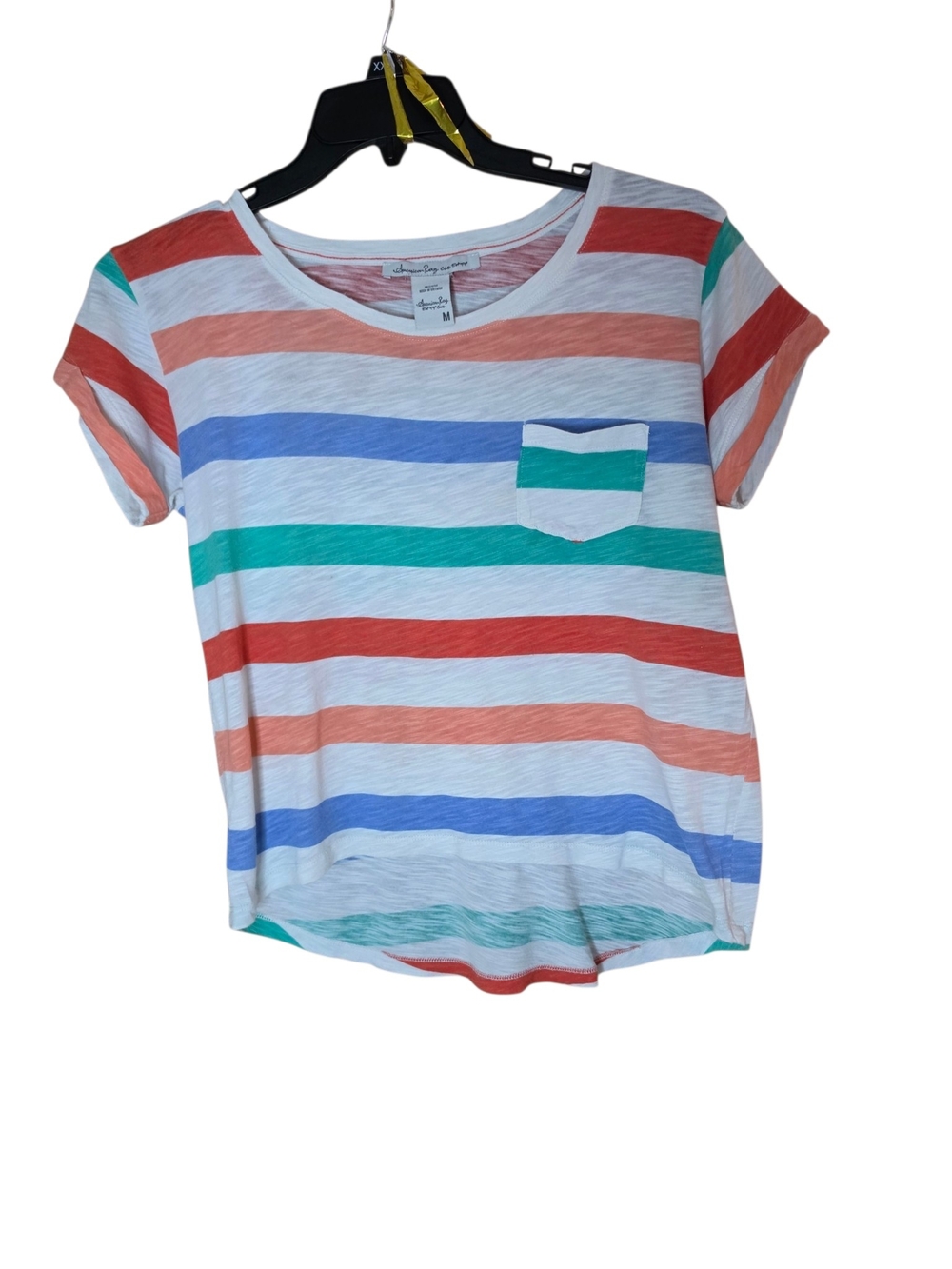 Multicolor Striped Short Sleeve Tee with Chest Pocket - White Base